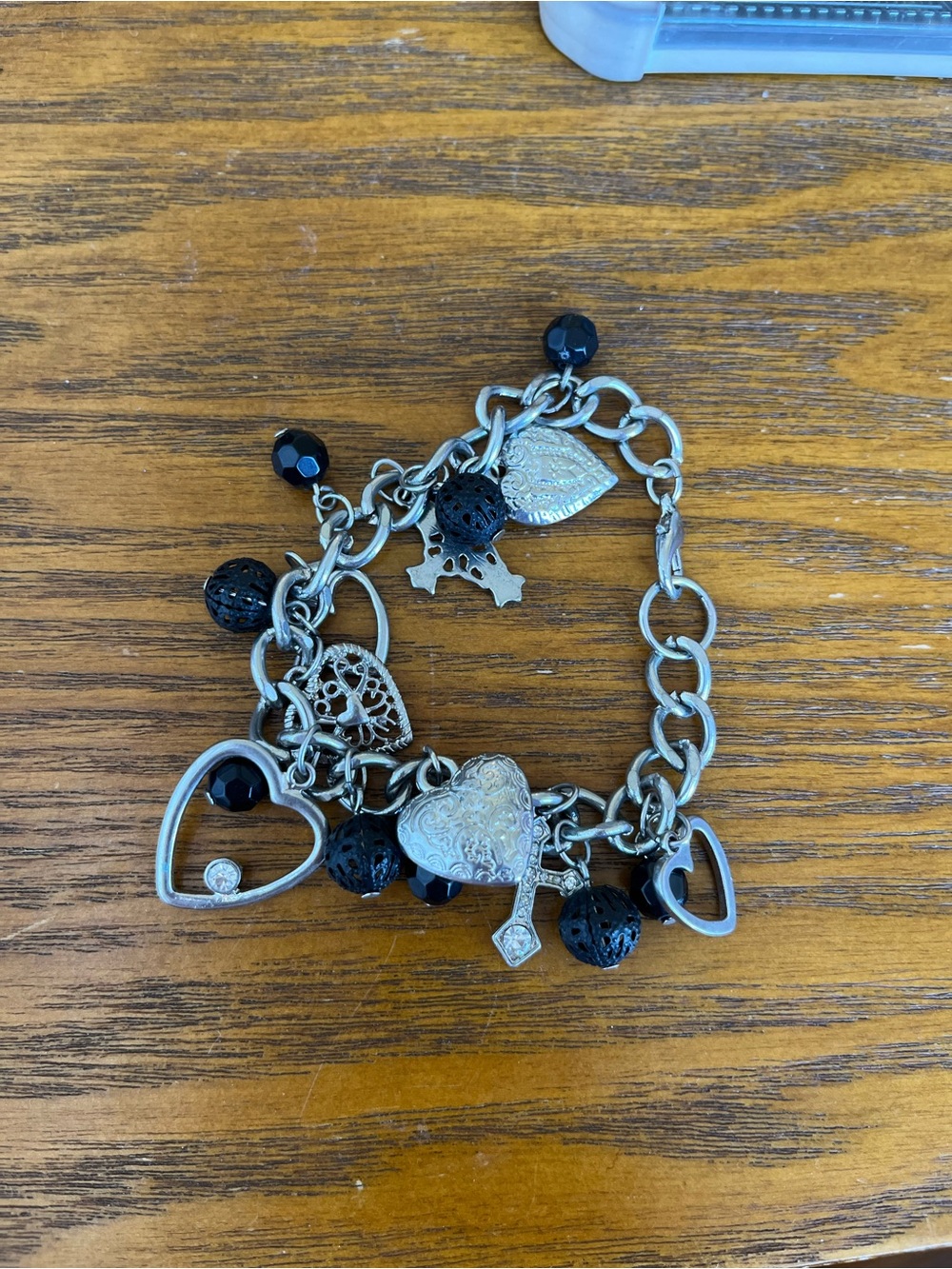 Silver Heart Charm Bracelet with Black Beads